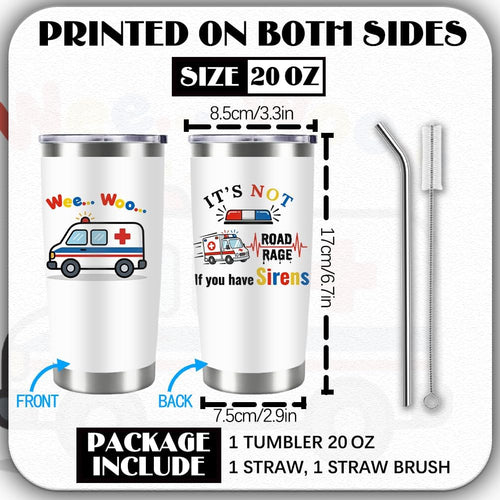 20oz Cartoon Ambulance Tumbler with Straw Funny White Stainless Steel Insulated Travel Mug Leak-proof Keeps Cold or Hot Coffee Tea Water Tumblers Cup Doctor Nurse Gifts for Women Men