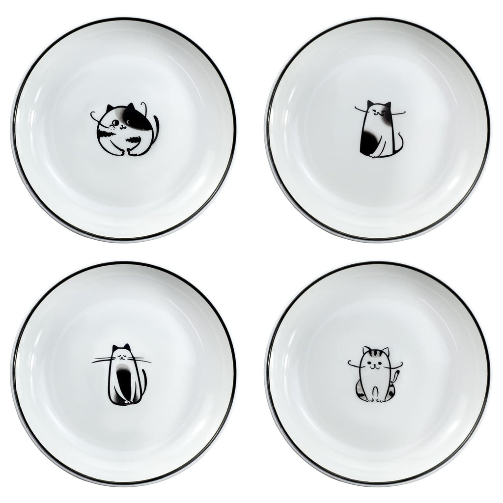 SOCOSY Cute Cartoon Gentleman and Dot Cat Ceramic Seasoning Dishes Sauce Dish Sushi Dipping Bowl Appetizer Plates Tea Bag Holder Serving Dish for Kitchen 5 Inch, Set of 4