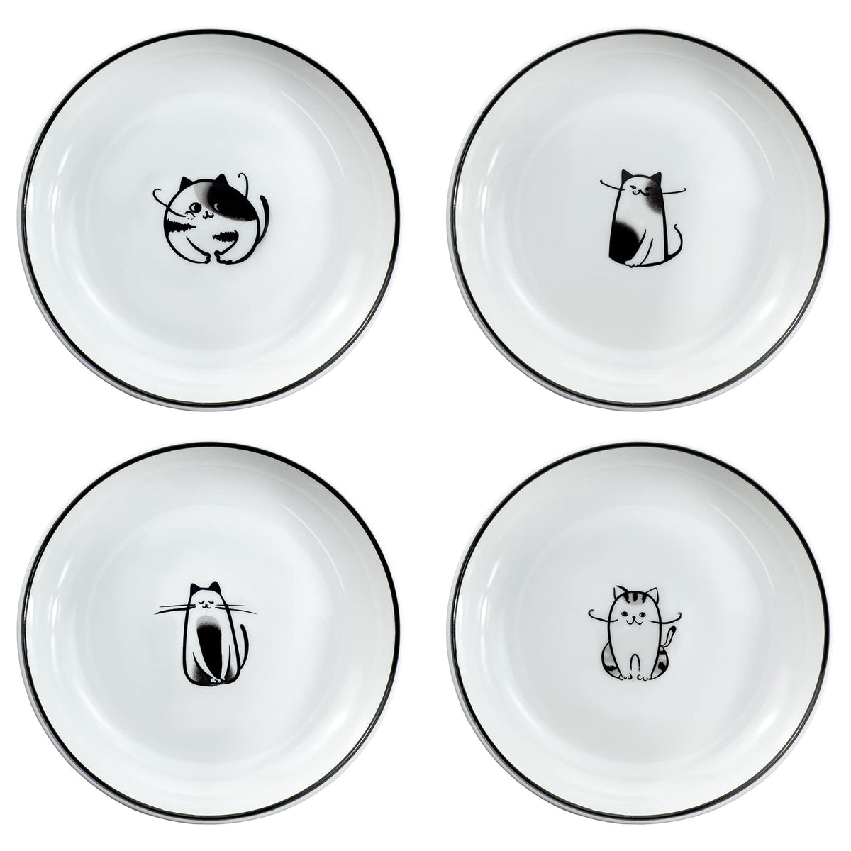 SOCOSY Cute Cartoon Gentleman and Dot Cat Ceramic Seasoning Dishes Sauce Dish Sushi Dipping Bowl Appetizer Plates Tea Bag Holder Serving Dish for Kitchen 5 Inch, Set of 4