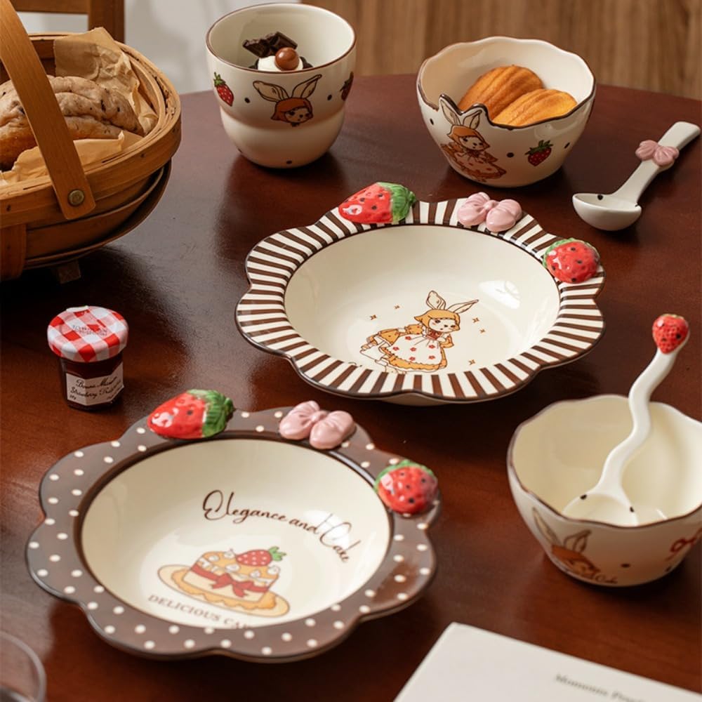 Ceramic Tableware Pasta Plate Bowl and Cup Combination Household Cartoon Cute Set Dinner Snack Breakfast Dessert Bird's Nest Salad Fruit Ice Cream Soup(8.5" Pan-Cake)