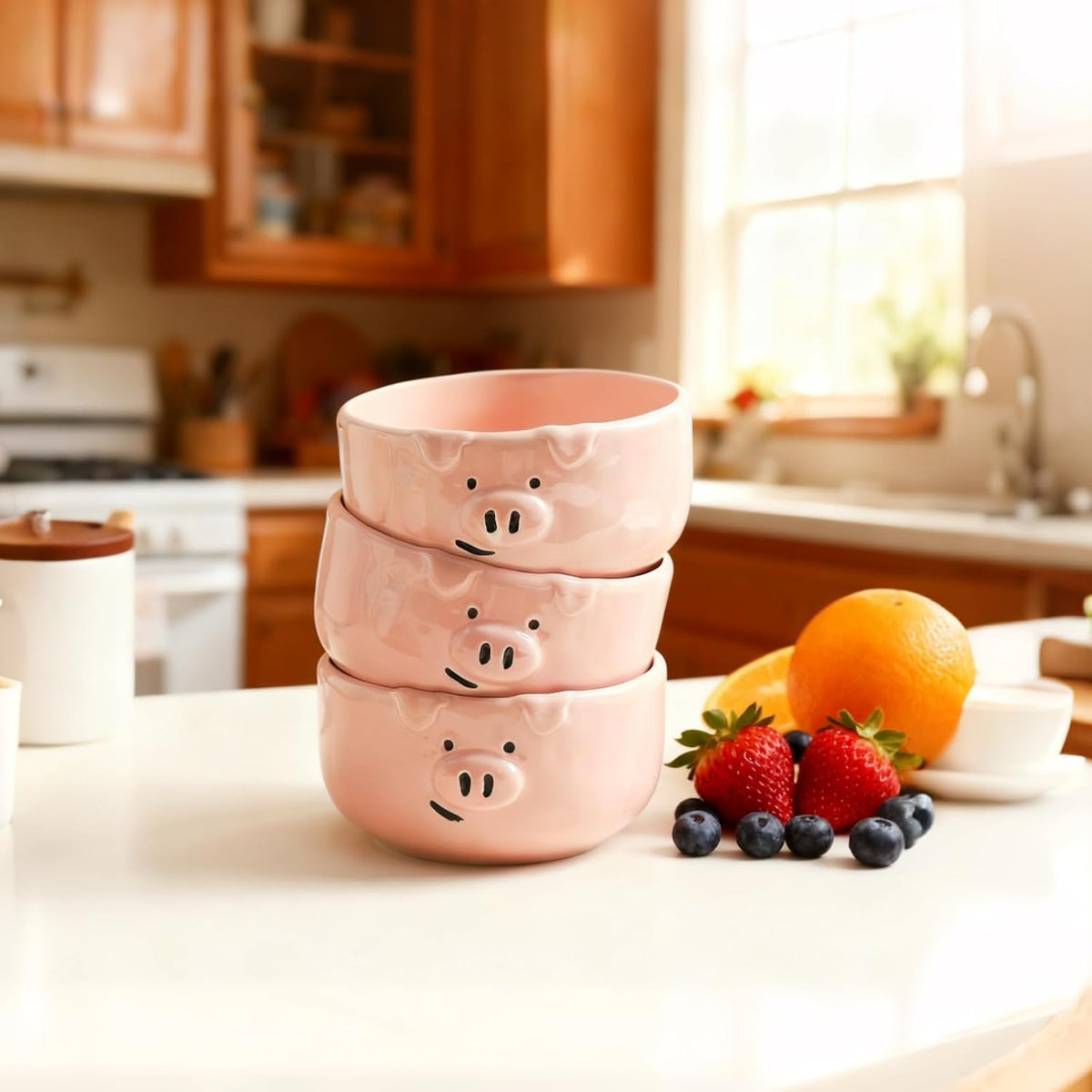 Pink Ceramic Pig Bowls, Set of 3, 13 oz