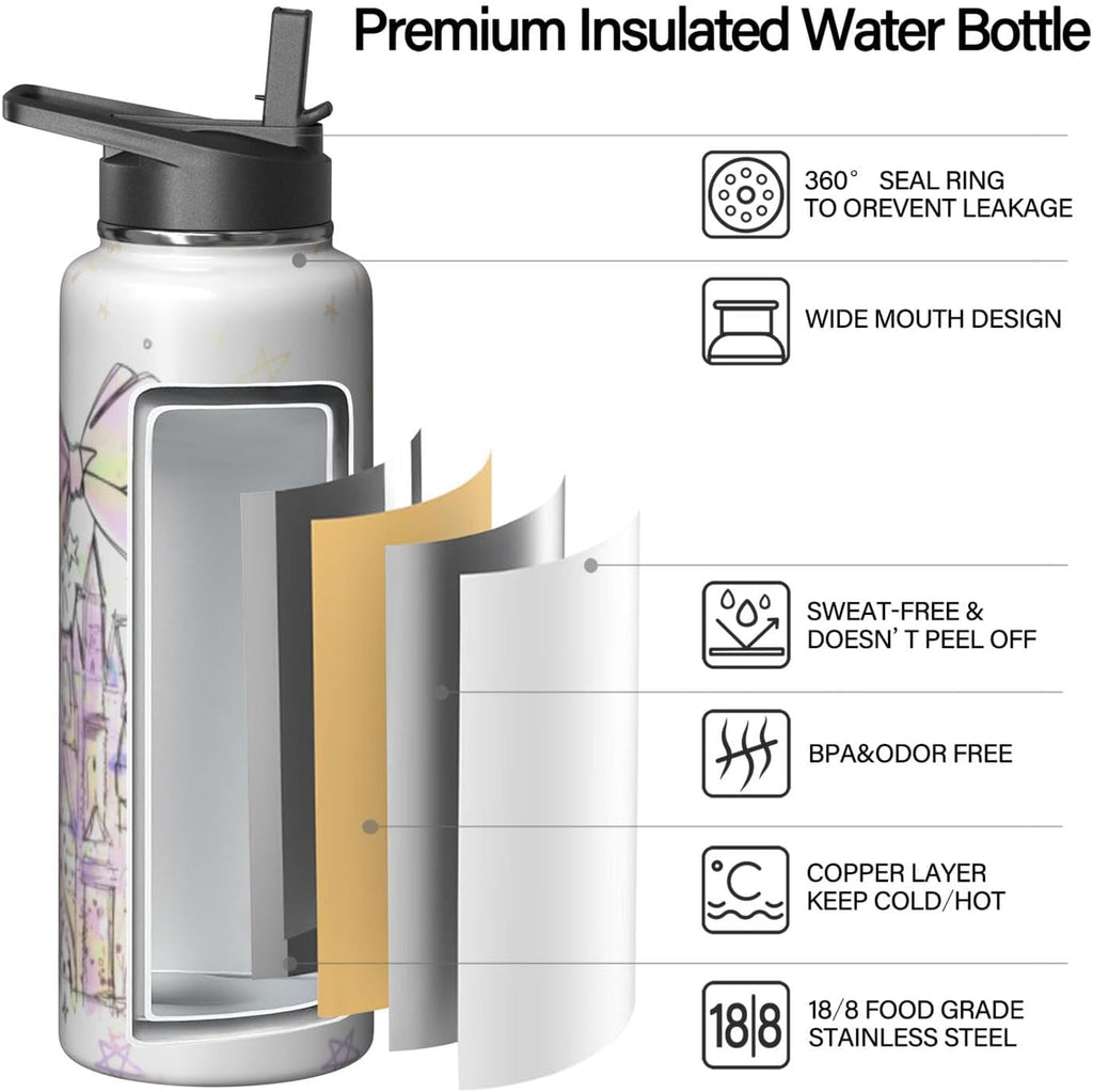 40oz Cartoon Castle Water Bottle - Fireworks Bowknot Double Wall Vacuum Insulated Stainless Steel Tumbler with Leakproof Flip Straw & Handle,Travel Mug for Hot/Cold Drinks - Gift for Castles Lovers