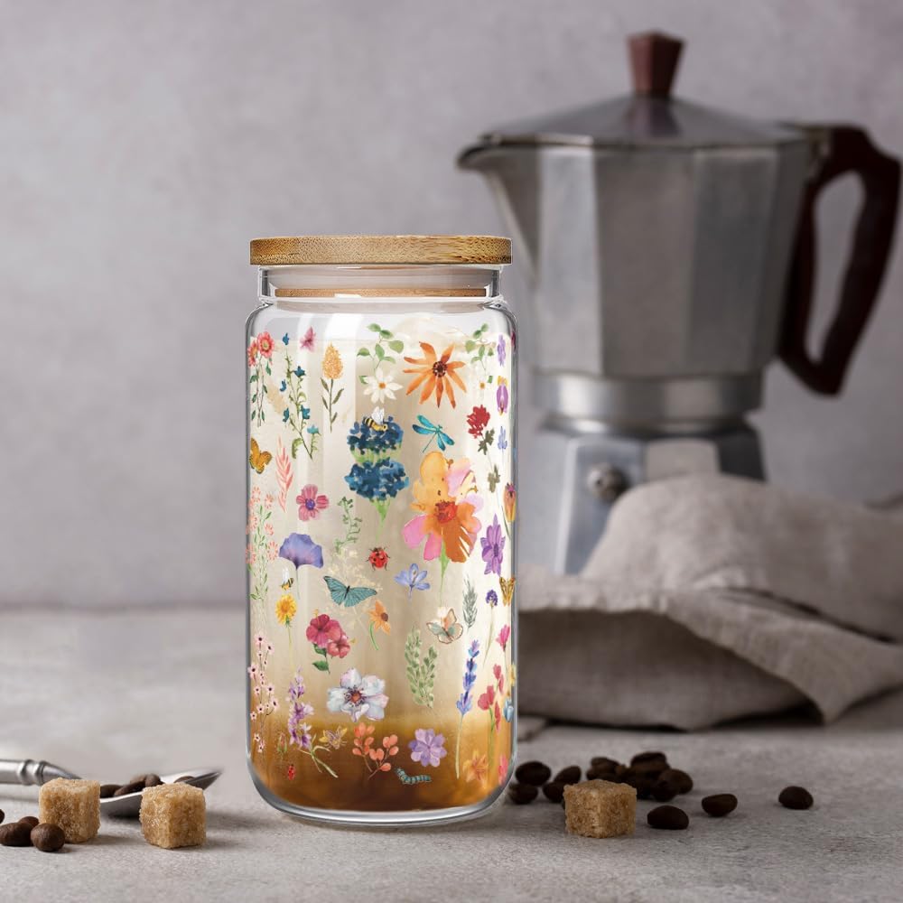 Aesthetic Floral 16oz Glass Cups with Bamboo Lids and Straws Wildflower Gift for Women, Cute Flower Drinking Glass with Cleaning Brushes, Christmas Flower Gifts for Mother Birthday Bridesmaid Party