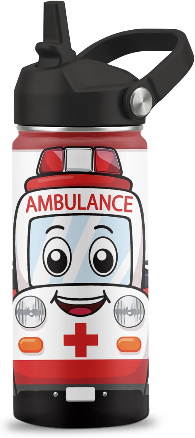 Cute Ambulance Car Water Bottle, 16 oz Water Bottles with Straw Lid