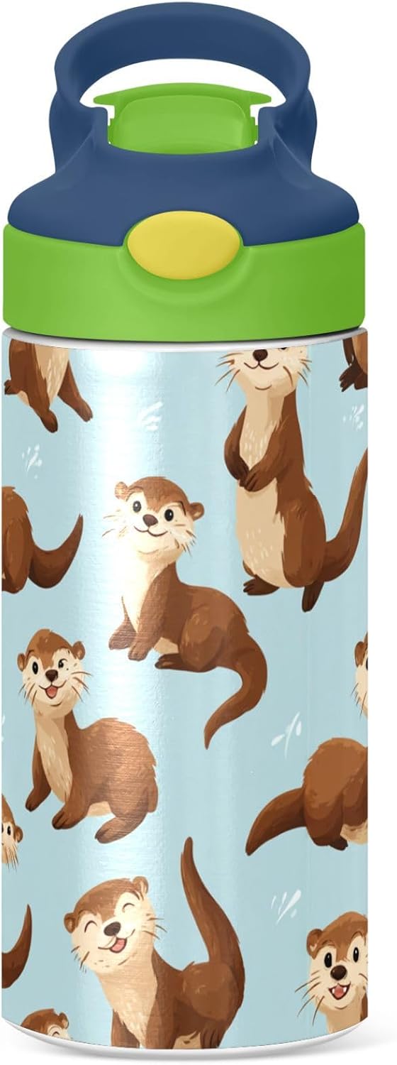 Pigsaly Kids Insulated Water Bottle Cute Cartoon Otter Blue 12oz Stainless Steel Vacuum Insulated Tumbler With Handle Double Wall Vacuum Travel Coffee Mug Toddler Cup For Boys Girls