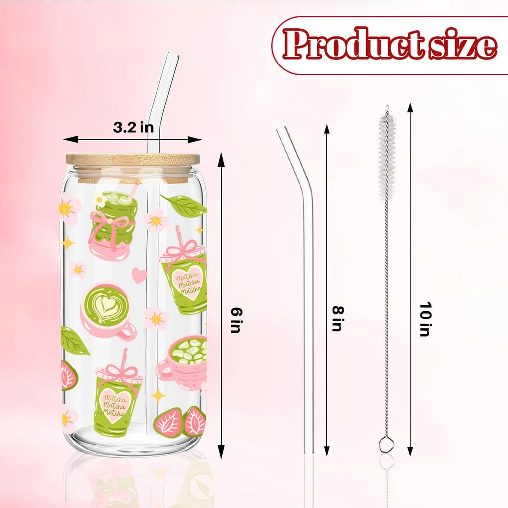 Matcha Girly Glass Cup, Matcha Lovers Gift, Kawaii Glass Tumbler, 16 oz Cafe Aesthetic Iced Coffee Cup with Lid Straw