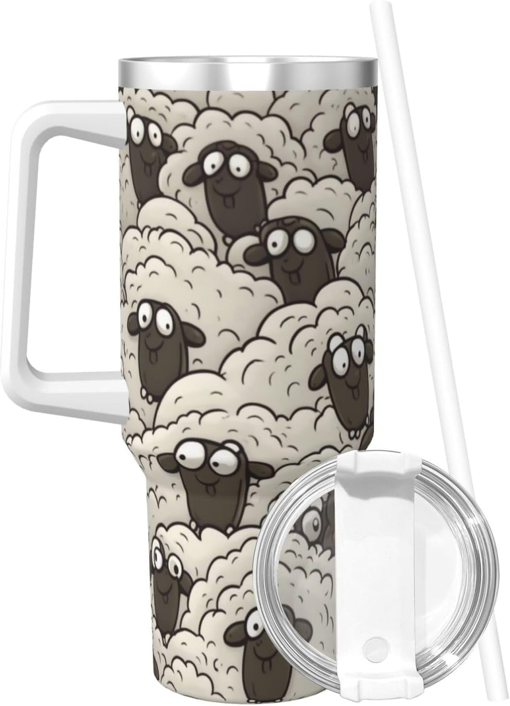 Cartoon Black White Sheep 40 Oz Tumbler With Handle And Straw Stainless Steel Insulated Travel Tumblers Leakproof Travel Coffee Mug Coffe Cup Drink Tumbler Cups Gifts For Women Men Lovers
