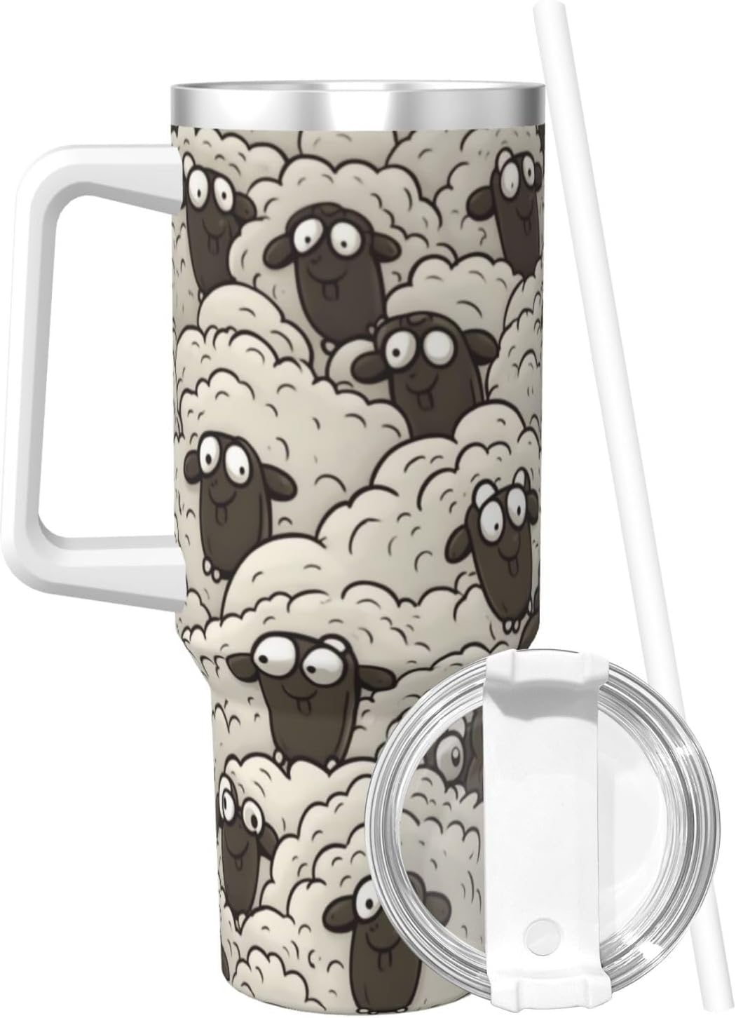 Cartoon Black White Sheep 40 Oz Tumbler With Handle And Straw Stainless Steel Insulated Travel Tumblers Leakproof Travel Coffee Mug Coffe Cup Drink Tumbler Cups Gifts For Women Men Lovers