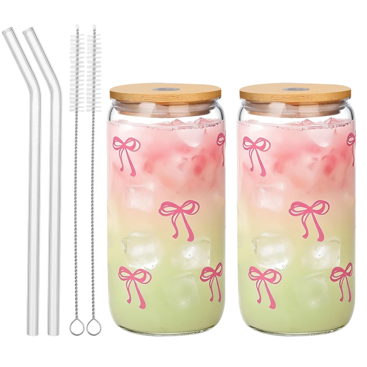 Cute Pink Bow Glass Cups with Lids & Straws, Aesthetic Iced Coffee Cup, Girly Preppy Design Tumbler Mug, Birthday Valentine Gifts for Women, Teen Girl Gifts Trendy Stuff