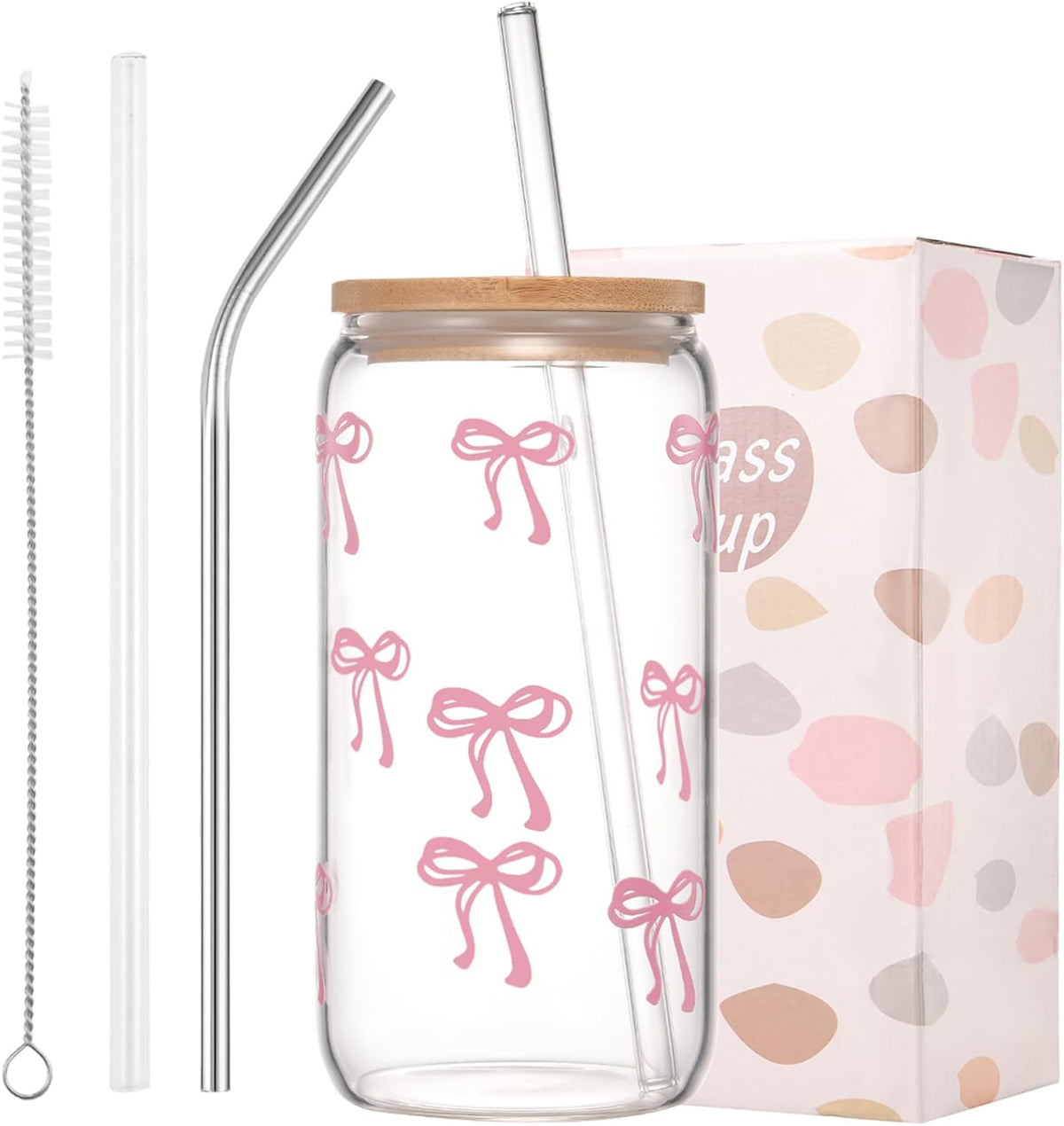 ANABIUP Coquette Cute Pink Bow Glass Cups with Lids and Straws, Aesthetic Iced Coffee Cup, Girly Preppy Design Tumbler Mug for Teen Girls Women Girlfriends Gifts