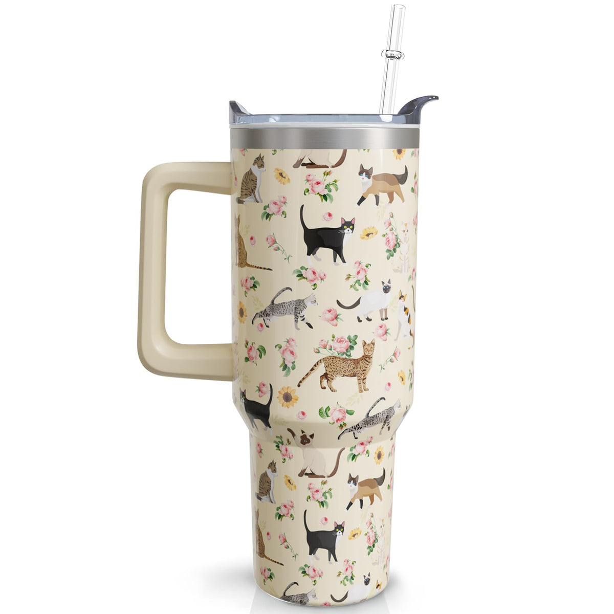 40 oz Cat Tumbler with Handle and Straw, Cute Cartoon Stainless Steel Vacuum Insulated Travel Coffee Mug Cup Water Bottle, Cats Stuff Accessories Decor, Cat Lover Gifts for Women Girls