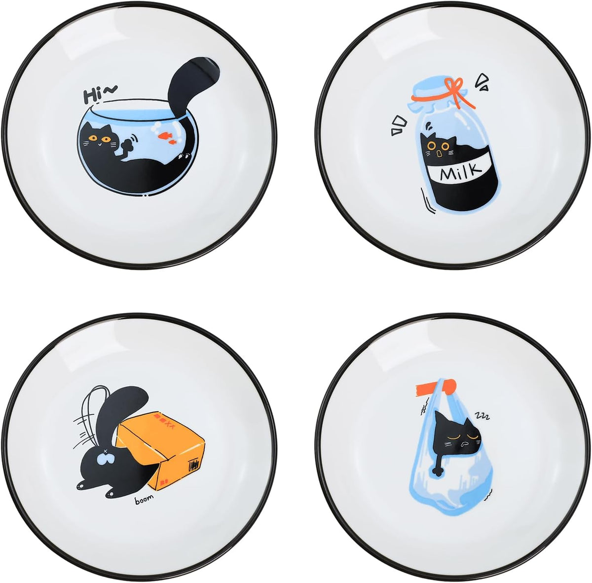 SOCOSY Cute Cartoon Drink and Food Pattern Ceramic Seasoning Dishes Sauce Dish Sushi Dipping Bowl Appetizer Plates Tea Bag Holder Serving Dish for Kitchen, 5 Inch, Set of 4