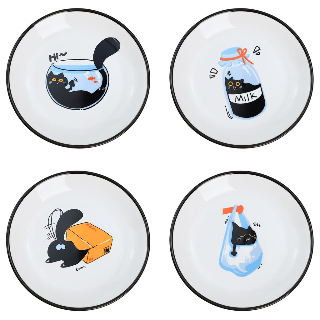 SOCOSY Cute Cartoon Drink and Food Pattern Ceramic Seasoning Dishes Sauce Dish Sushi Dipping Bowl Appetizer Plates Tea Bag Holder Serving Dish for Kitchen, 5 Inch, Set of 4