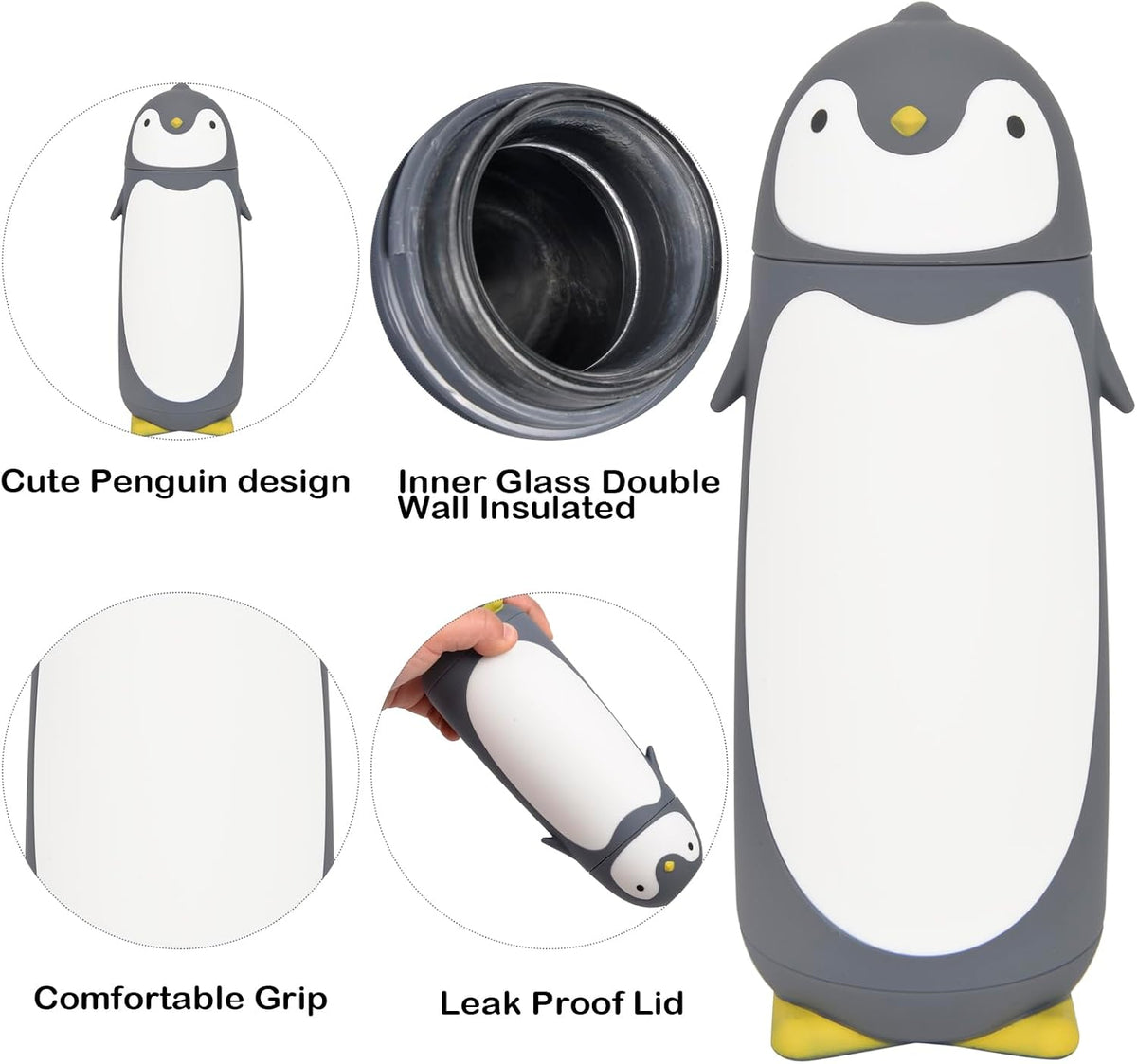 Penguin Glass Water Tumbler- Cute Water Bottle Double Walled Cup Flask Travel Mug for Kids, Students, 9.6oz, Grey