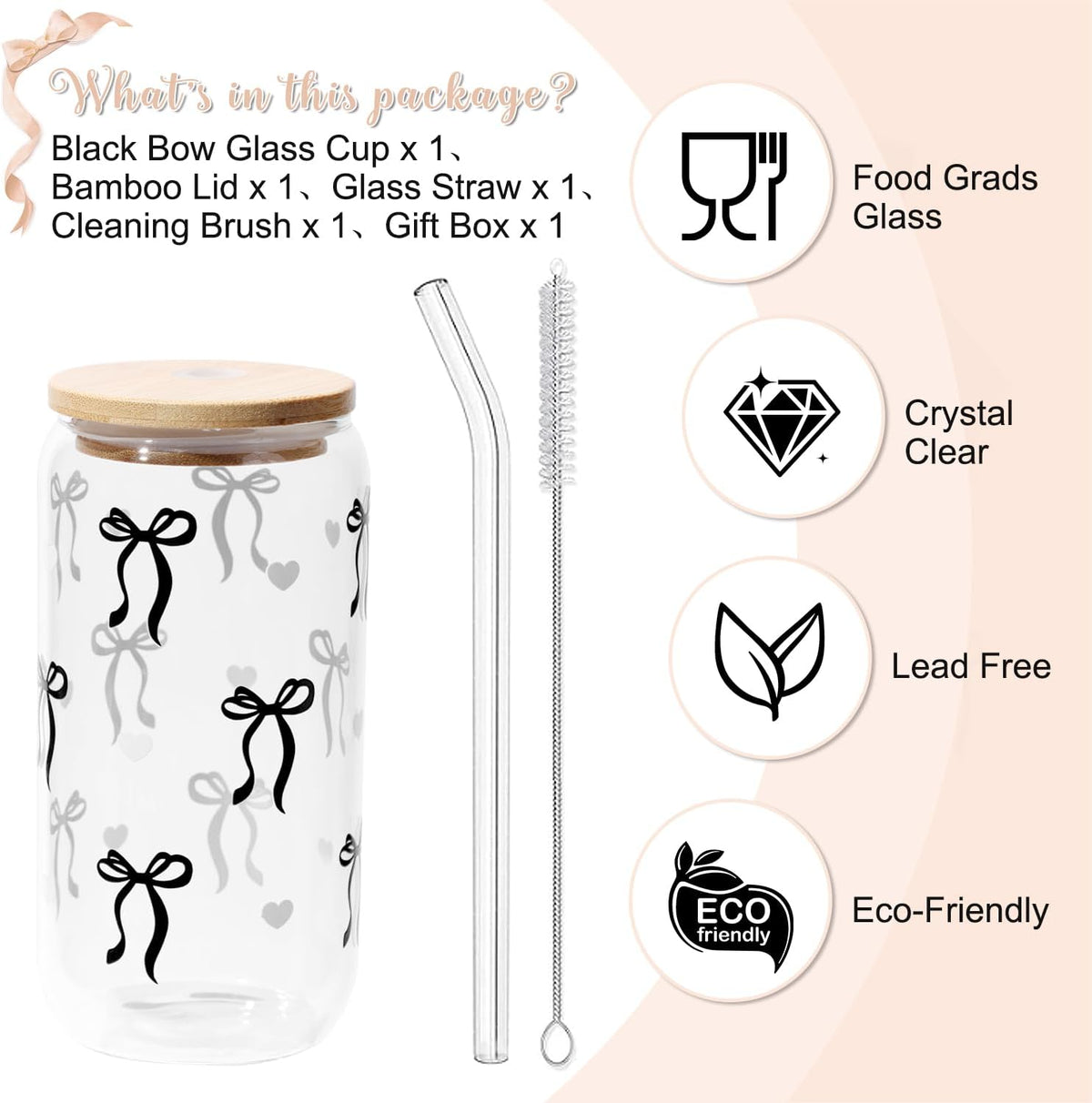 Coquette Black Bow Gift for Women, Glass Cup with Lid Straw