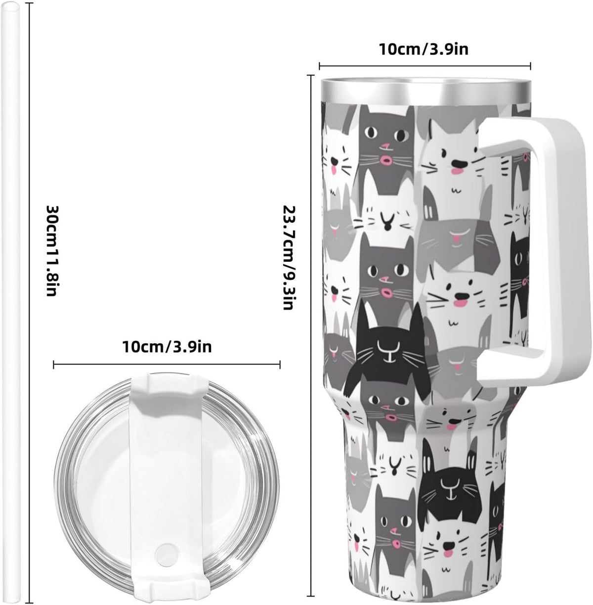40 OZ Cute Cat Ice Bully Cup with Handle Straw Lid, Double Wall Stainless Steel Tumbler Travel Coffee Cup, Cartoon Insulation and Cooling Mug for Christmas Birthday Present