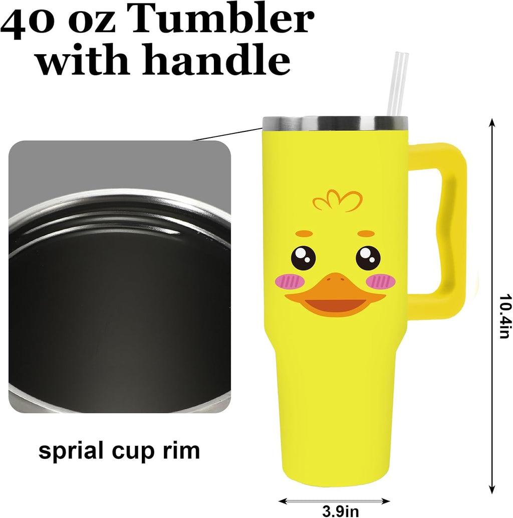JarThenaAMCS Yellow Duck Tumbler with Lid and Straw 40 Oz Cartoon Rubber Duck Tumbler with Handle Summer Stainless Steel Cup for Home Office Travel