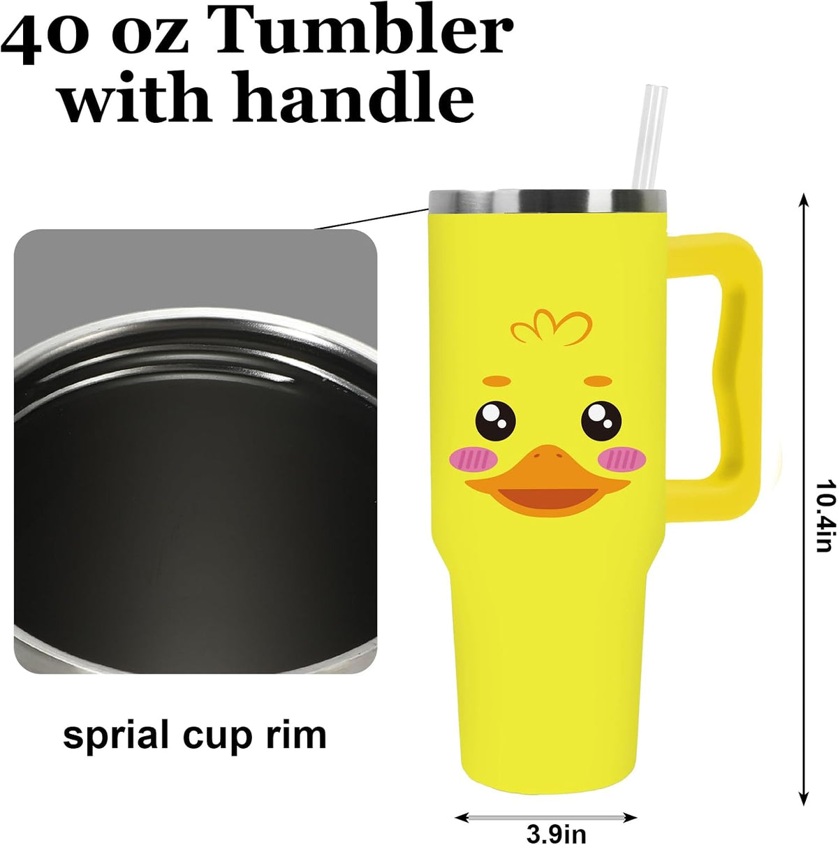 JarThenaAMCS Yellow Duck Tumbler with Lid and Straw 40 Oz Cartoon Rubber Duck Tumbler with Handle Summer Stainless Steel Cup for Home Office Travel