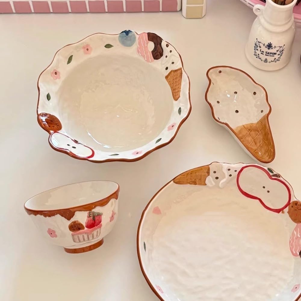 Cartoon Relief Underglaze Color Ceramic Tableware Set Seasoning Dish Rice Bowl Noodle Salad Pasta Soup Deep Plate (9-Inch Salad Bowl)