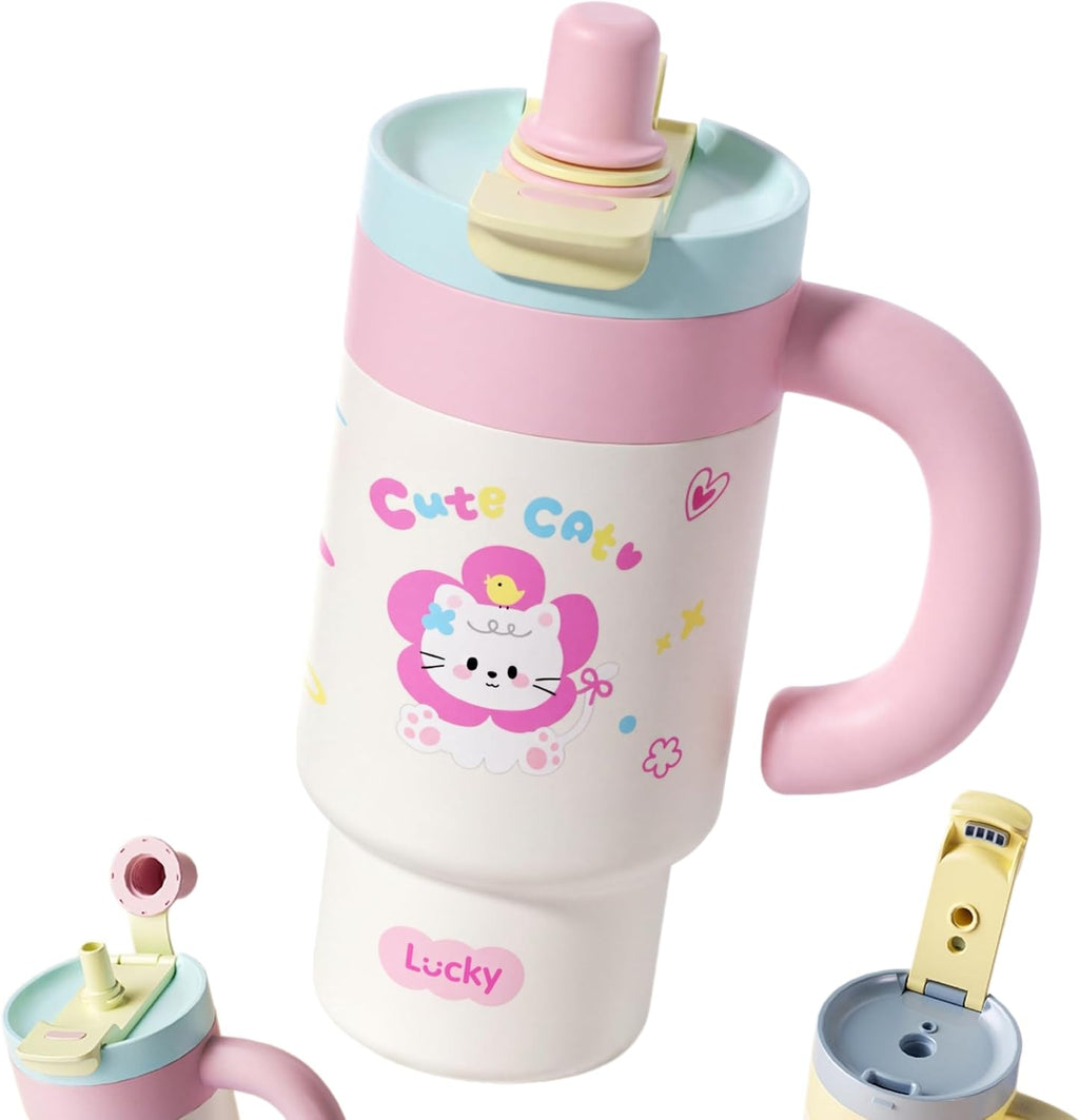 Cartoon Insulated Tumbler with Handle, 850ML Large Capacity, Leak-Proof