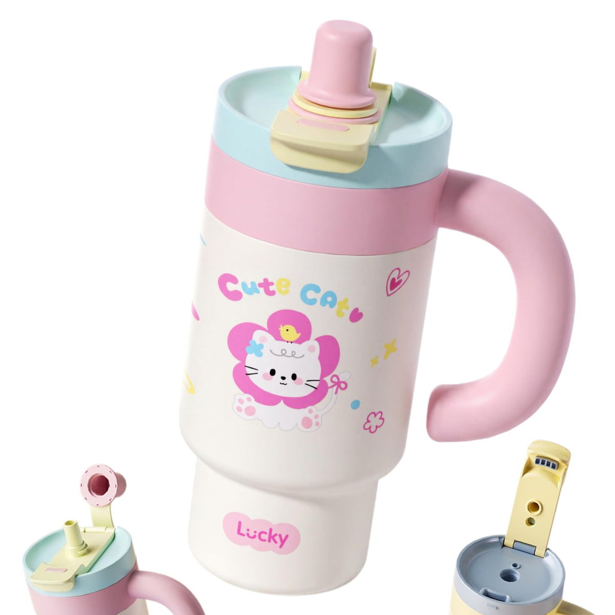 Cartoon Insulated Tumbler with Handle, 850ML Large Capacity, Leak-Proof