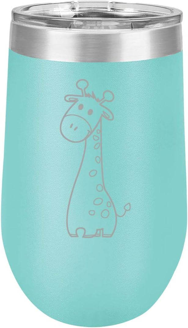 16 oz Double Wall Vacuum Insulated Stainless Steel Stemless Wine Tumbler Glass Coffee Travel Mug With Lid Cute Giraffe Cartoon (Purple)
