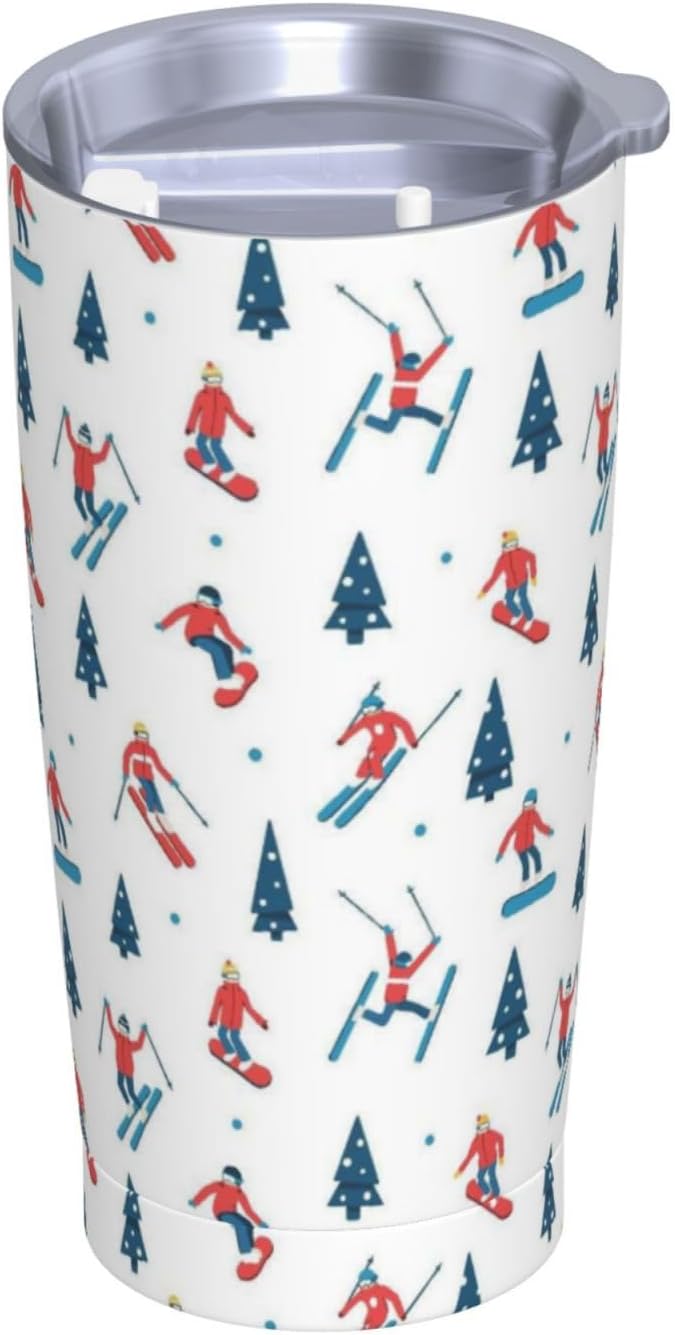 Skiing 20oz Tumbler with Lid and Straw for Sports Lovers, Winter Fashion Ski Sport Insulated Mug Cartoon Ski Sport Design Stainless Steel Tumbler Double Wall Vacuum Travel Mug Coffee Cup