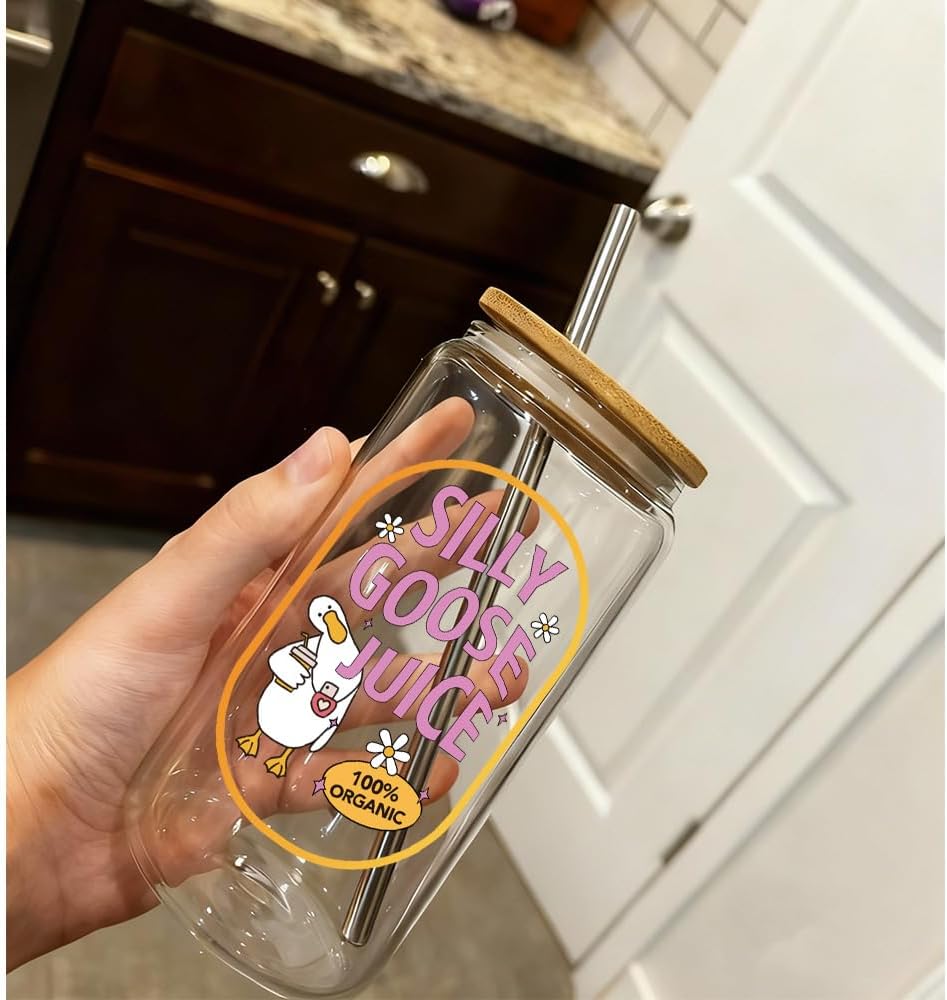 Silly Goose Juice 16oz Glass Cup with Lid and Straw, Funny Silly Goose Gift for Women, Iced Coffee Glass Tumbler for Coffee Lovers, Birthday Gift for Friends, Mom, Sister, Coworker