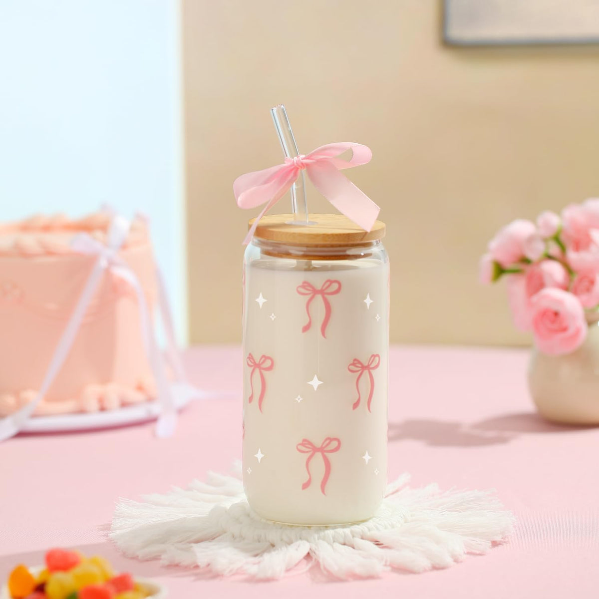 Coquette Pink Bow Glass Cup with Lid Straw Cute Girl Stuff