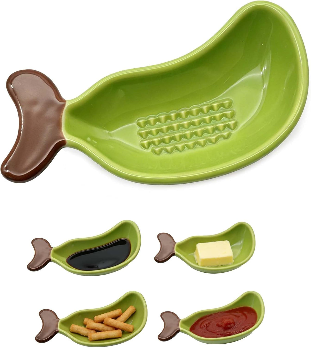 Cute Ceramic Dipping Dish,with Grinding Function,Stackable Multipurpose Porcelain Side Dish Bowl,Soy Sauce Dish Ceramic, All-in-One Garlic Grater Plate for Sushi, Hot Pot, BBQ Party and More (Green)