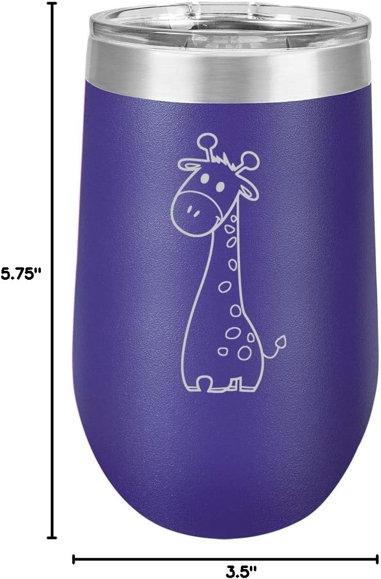16 oz Double Wall Vacuum Insulated Stainless Steel Stemless Wine Tumbler Glass Coffee Travel Mug With Lid Cute Giraffe Cartoon (Purple)