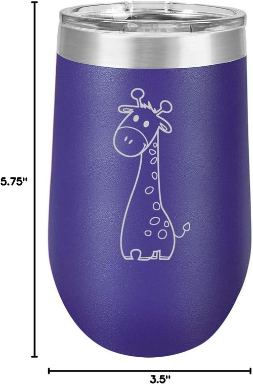 16 oz Double Wall Vacuum Insulated Stainless Steel Stemless Wine Tumbler Glass Coffee Travel Mug With Lid Cute Giraffe Cartoon (Purple)
