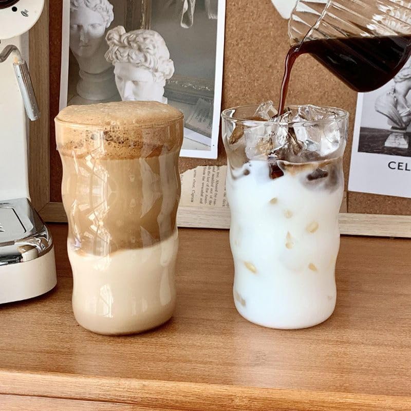 2 Pcs Ribbed Glass Cups, 18 Oz Vintage Drinking Glassware with Wave Shape Design, Bubble Cups for Iced Coffee, Juice, Beverage, Milk, Cocktails, Bubble Tea,