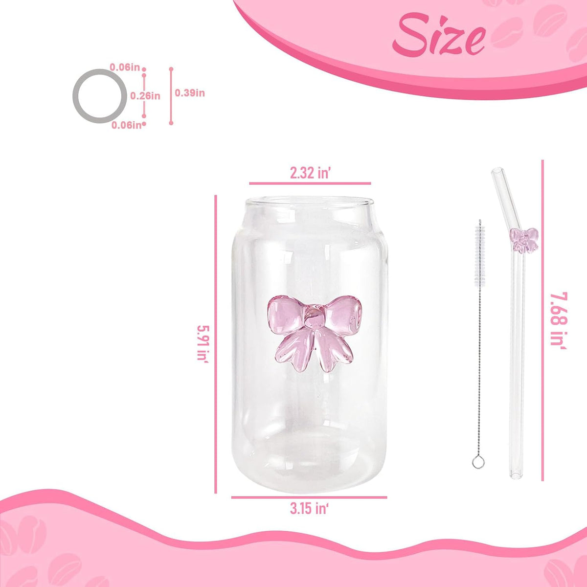 Cute Glass Cup Set | Pink Bow Matcha Cups| Aesthetic Iced Coffee Cup with Lid Straw Brush| 16OZ Preppy Girly Drinking Mug for Best Friend First Mom Coworkers Bestie Boss Girlfriend Daughter Gifts