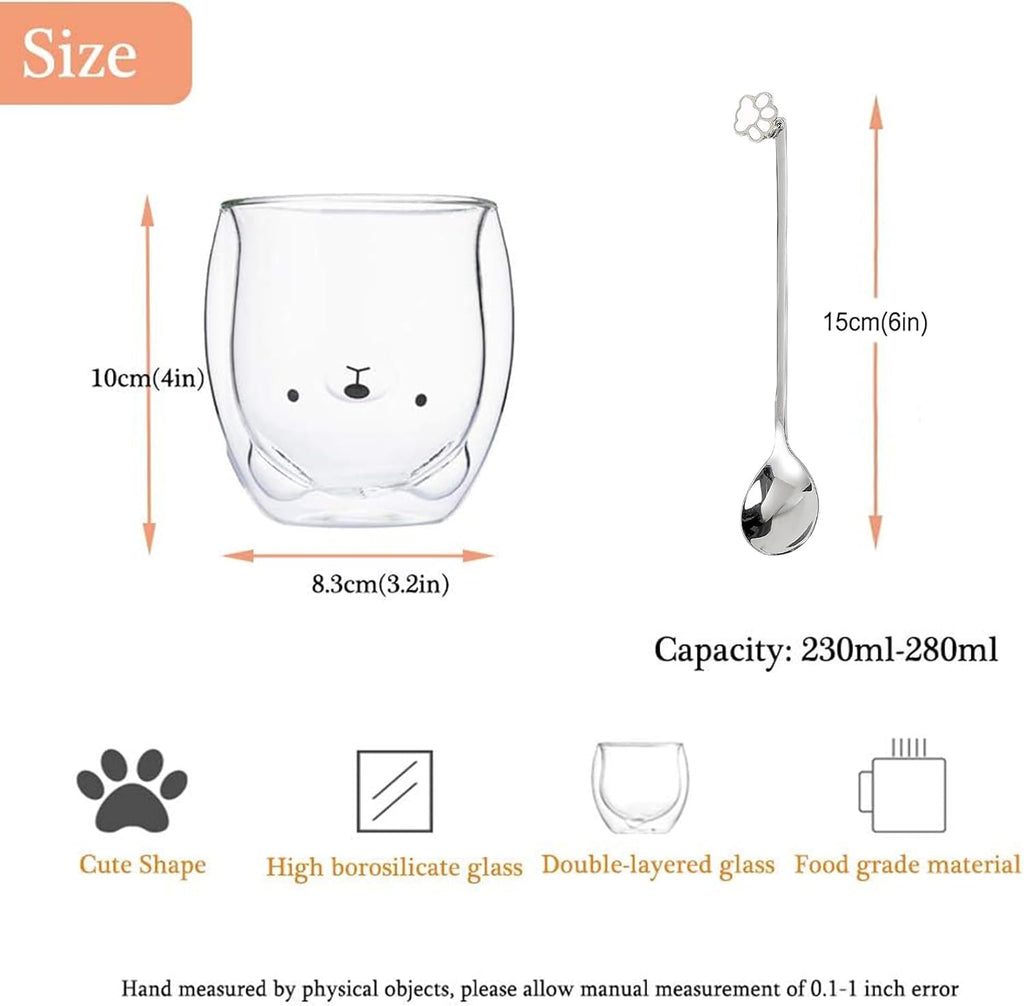 Binoster Bear Cute Mugs Kawaii Double Wall Glass Coffee Tea Mill Yogurt Cup Funny Novelty Gift for Women Her Friends Office Birthday Christmas