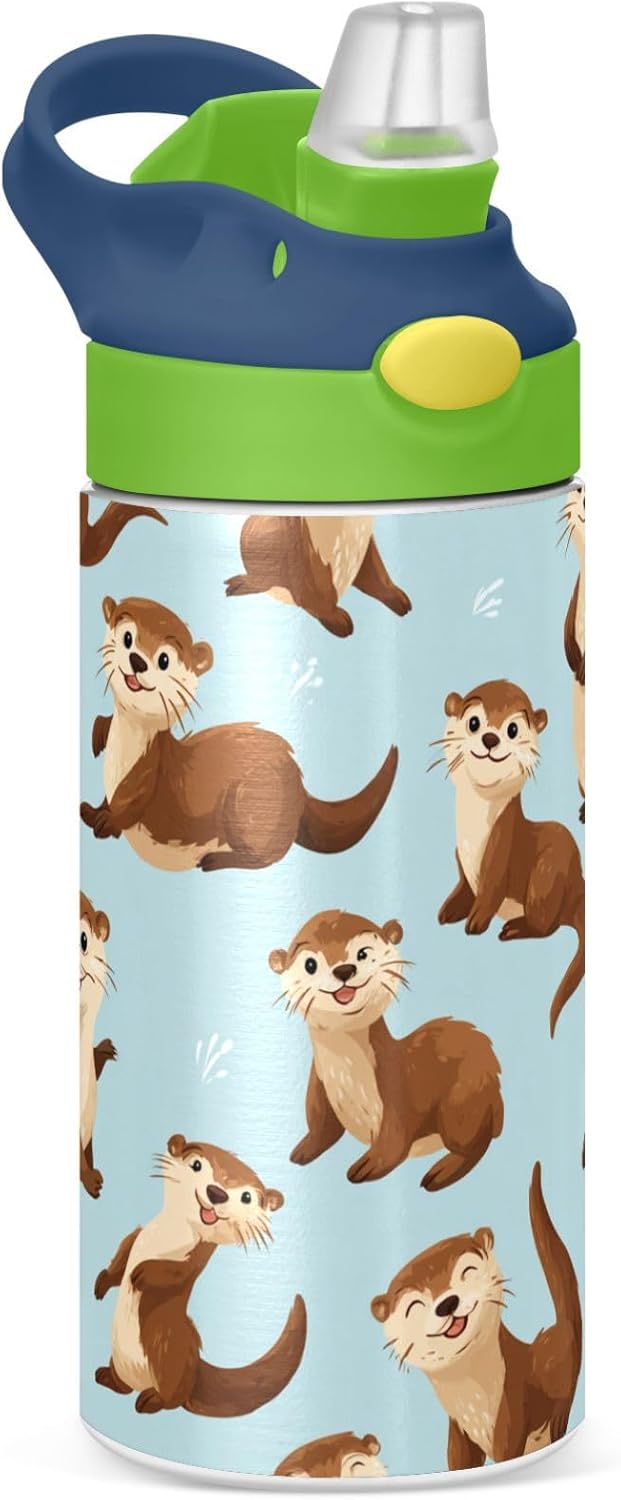 Pigsaly Kids Insulated Water Bottle Cute Cartoon Otter Blue 12oz Stainless Steel Vacuum Insulated Tumbler With Handle Double Wall Vacuum Travel Coffee Mug Toddler Cup For Boys Girls