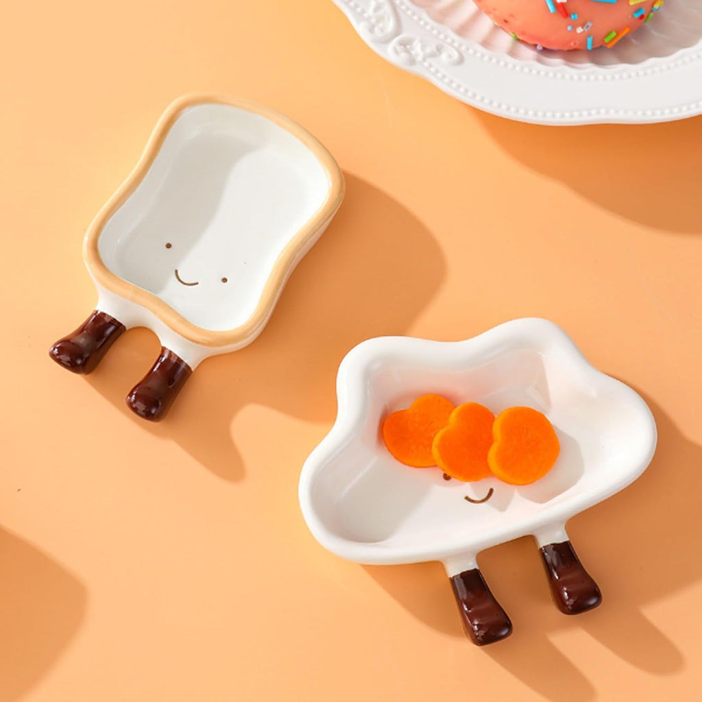 Cartoon Bread Ceramic Plates Set Dipping Dishes for Fruits, Desserts, BBQ, Oven and Dishwasher Safe Bread-Shaped Saucers (11.5 * 6.5 * 2cm)