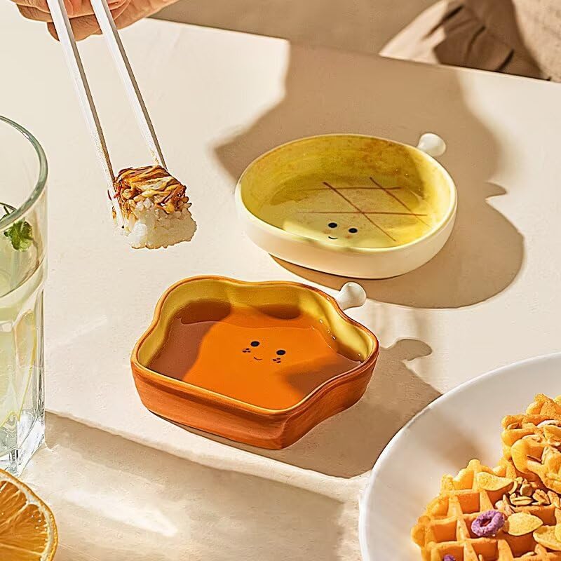 Ceramic Toast-Shaped Mini Dip Plate - Cute Appetizer Dish for Sushi, Dips, Condiments & Party Snacks - Oven & Dishwasher Safe (3.7" L x 3.5" W)