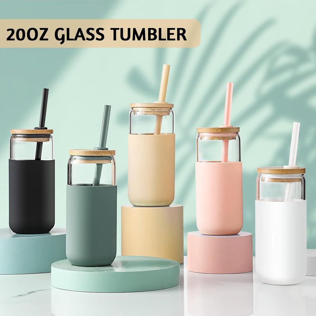 20oz Glass Water Tumbler with Silicone Protective Sleeve - Beer Shaped Glass Cups with Straw and Bamboo Lid, Iced Coffee Glasses, Cute Drinking Glasses for, Water Smoothie, Boba Tea, Gift - Pink