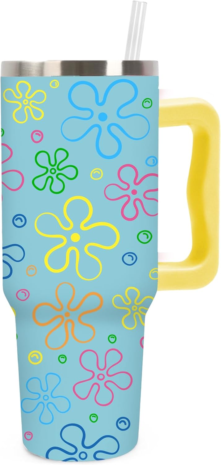 JarThenaAMCS Cartoon Sponge Tumbler with Handle 40oz Flower and Bubbles Tumbler with Lid Straw Blue Yellow Funny Sea Ocean Stainless Steel Cup for Home Office Travel