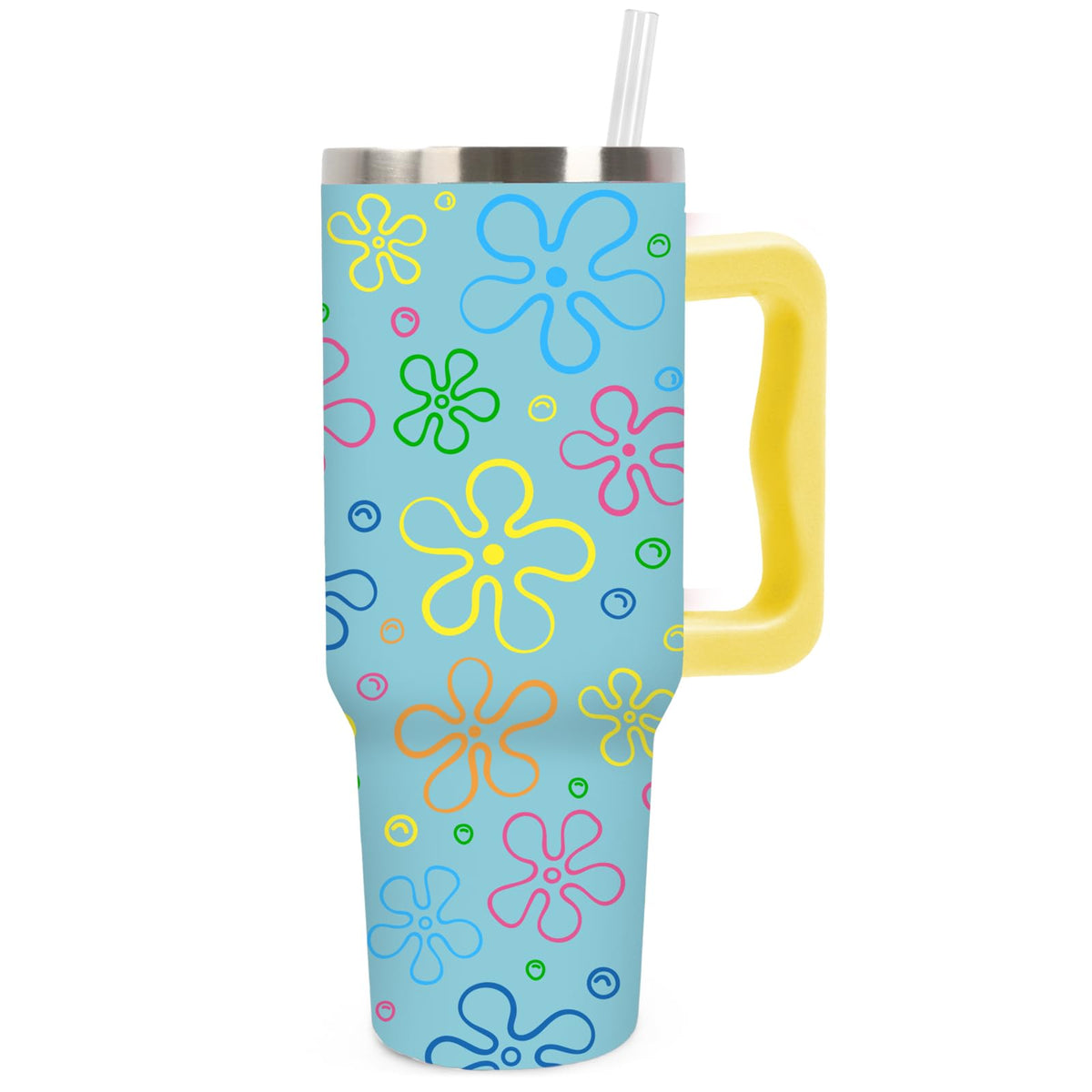 JarThenaAMCS Cartoon Sponge Tumbler with Handle 40oz Flower and Bubbles Tumbler with Lid Straw Blue Yellow Funny Sea Ocean Stainless Steel Cup for Home Office Travel
