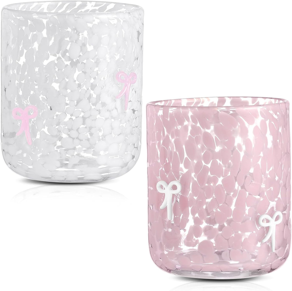 Yoiemivy 2 Pack Bow Icon Juice Glasses Coquette Aesthetic Glass Cups 14 oz Double Old Fashioned Icon Handblown Stemless Wine Glasses Cute Pink Glass Drinking Cups for Party Supplies Gifts