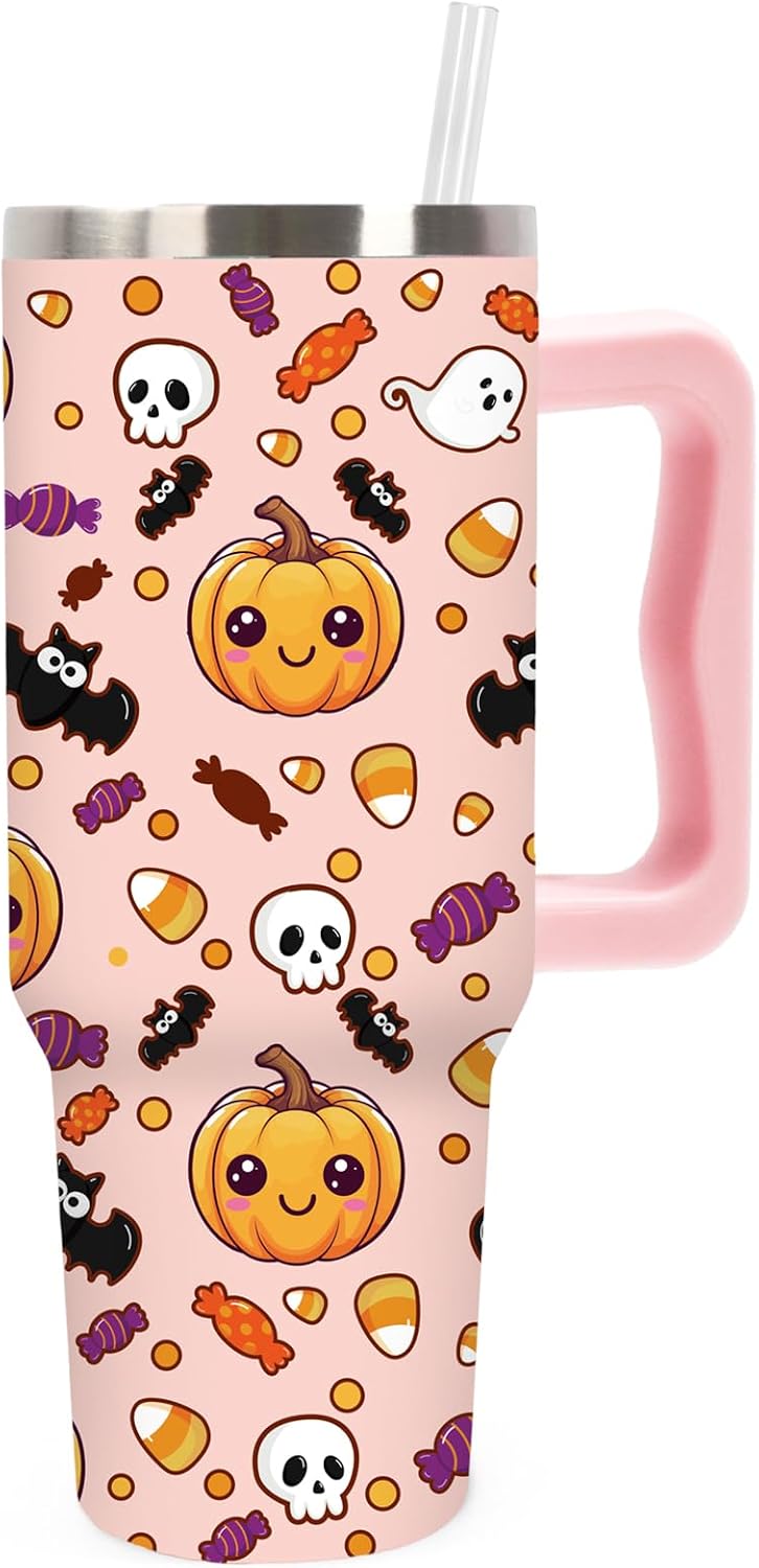 Whaline Halloween Tumbler 40oz Cute Pumpkin Skull Candy Corn Bat Tumbler with Lid Straw Pink Cartoon Stainless Steel Cup with Handle for Home Office Travel