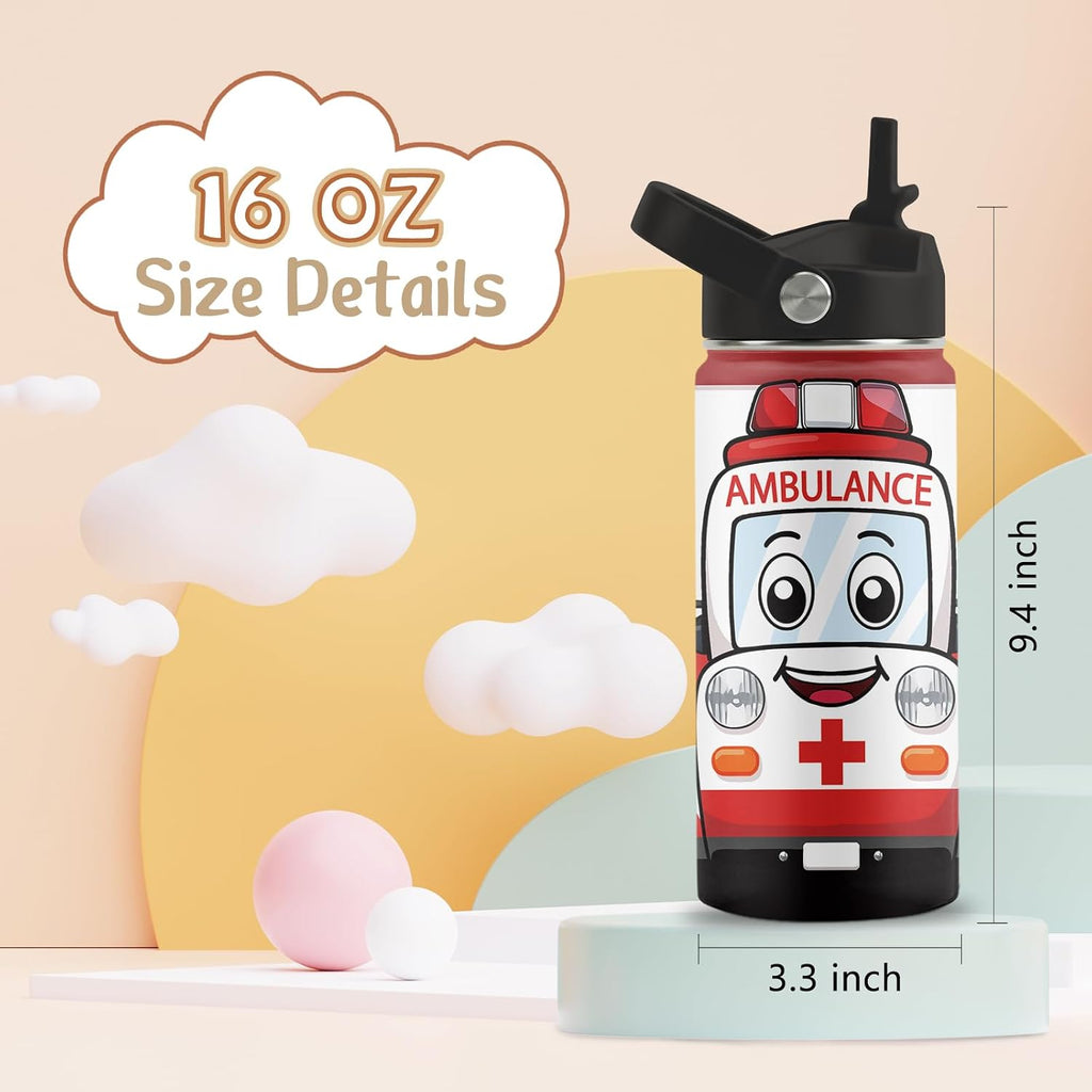 Cute Ambulance Car Water Bottle, 16 oz Water Bottles with Straw Lid