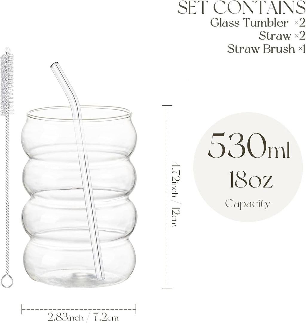 KEMORELA 2PCS Wave Bubble Beverage Glasses With Straws, 18 Oz Vintage Glass Cups, Aesthetic Iced Coffee Glasses, Ripple Glassware, Beer Glasses - Stylish Drinkware for Every Occasion