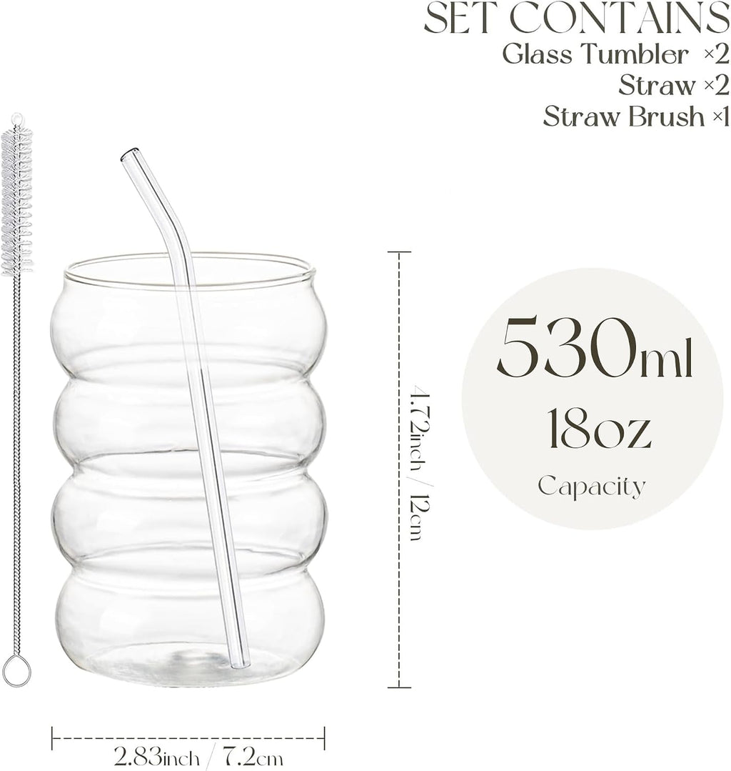 KEMORELA 2PCS Wave Bubble Beverage Glasses With Straws, 18 Oz Vintage Glass Cups, Aesthetic Iced Coffee Glasses, Ripple Glassware, Beer Glasses - Stylish Drinkware for Every Occasion