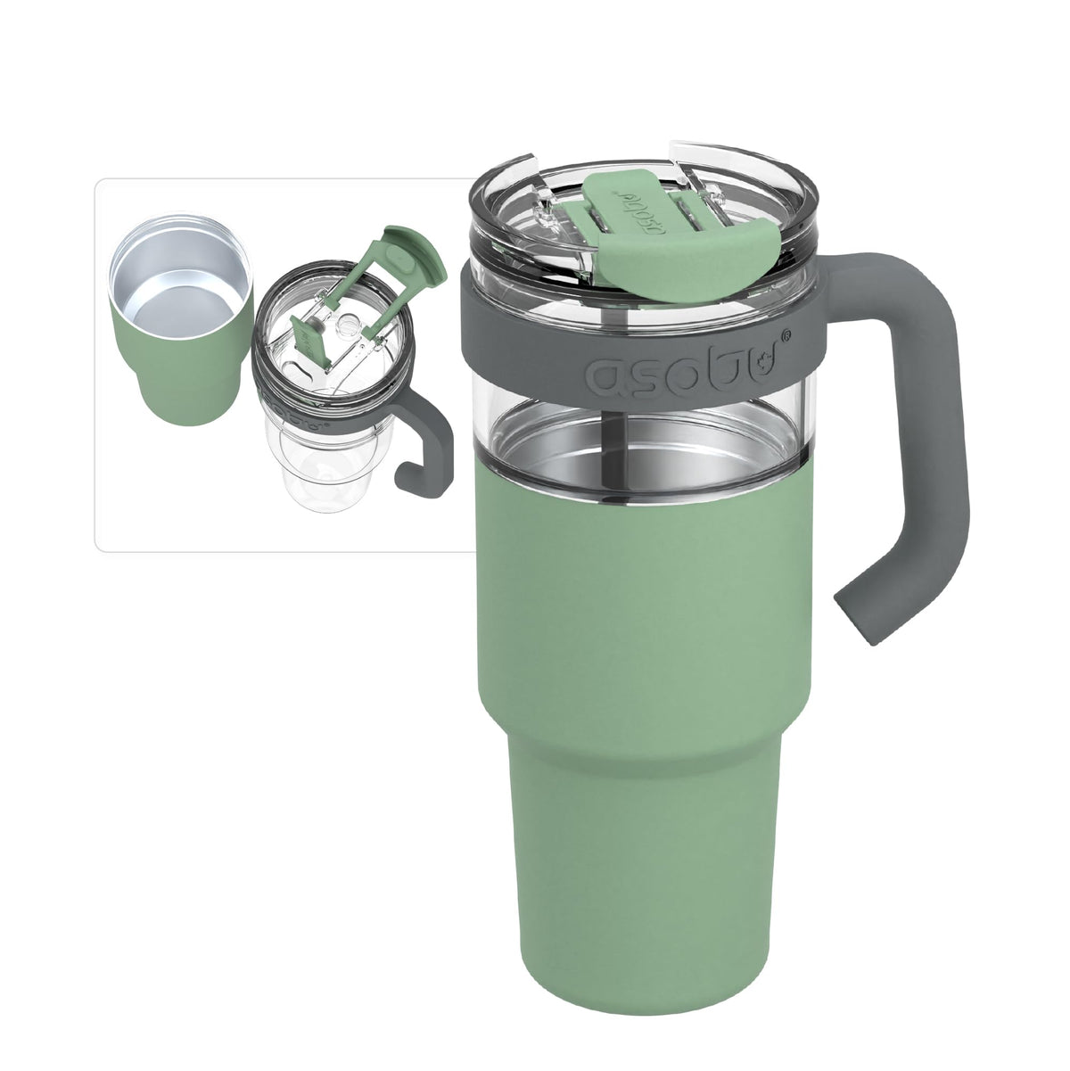 asobu Extra Large Travel Explorer Tumbler for Hot and Cold with Stainless Steel Removable Coffee Mug Sleeve - Straw and Flip Open Sip Spout, 34 oz / 25 oz (Basil Green)