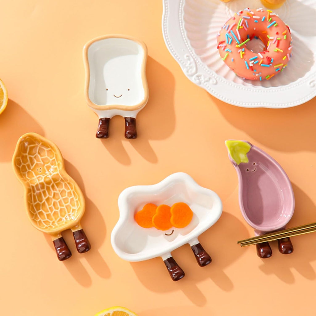 Cartoon Bread Ceramic Plates Set Dipping Dishes for Fruits, Desserts, BBQ, Oven and Dishwasher Safe Bread-Shaped Saucers (11.5 * 6.5 * 2cm)