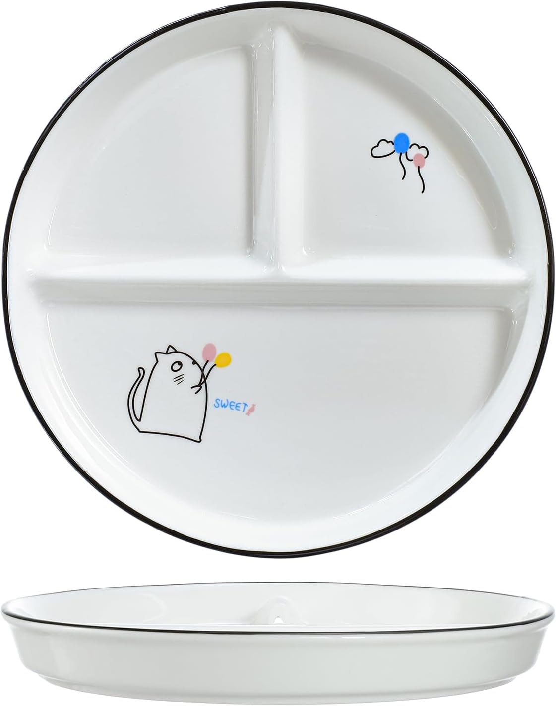 SOCOSY Ceramic 3-Compartment Portion Control Plate Divided Dish Platters, Divided Dessert Salad Dinner Snack Dishes, Appetizer Serving Trays, 1 PC - Balloon Cat-8 Inch