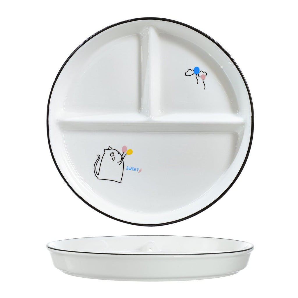 SOCOSY Ceramic 3-Compartment Portion Control Plate Divided Dish Platters, Divided Dessert Salad Dinner Snack Dishes, Appetizer Serving Trays, 1 PC - Balloon Cat-8 Inch